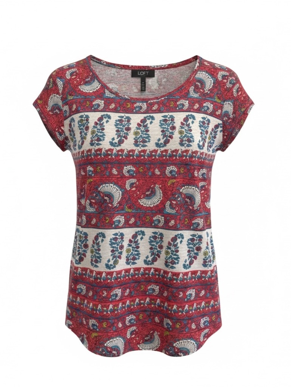 LOFT Red Printed‎ Short Sleeve Tee 100% linen Paisley